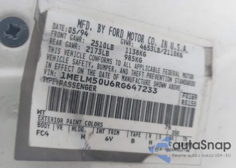 1994 Mercury Sable Gs from USA, damaged, VIN 1MELM50U6RG647233